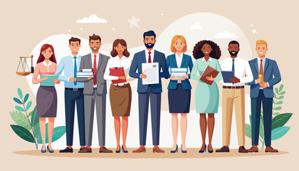 Obraz premium Diverse group of legal and business professionals standing together, representing teamwork, justice, and corporate success in a modern work environment