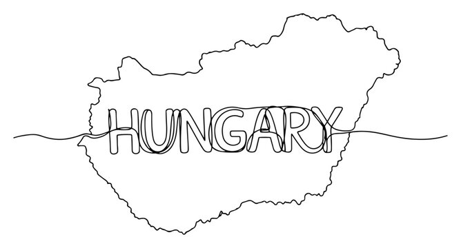 Minimalist one line drawing of Hungary map with integrated country name typography