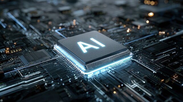 Advanced Glowing GPU Chip with AI Letters . Next-generation Artificial Intelligence Acceleration Card for Powering High-Performance Computing inside Data Centers and Supercomputers