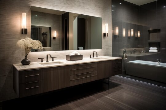 Contemporary bathroom interior with a stylish floating cabinet, double sinks, and a large mirror
