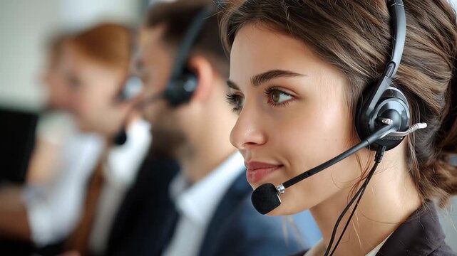 Customer service representative assisting satisfied clients at a busy call center during working hours