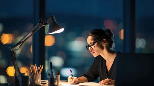 Businesswoman works late in a modern office, preparing for an important meeting while surrounded by city lights