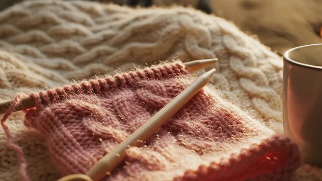 A person enjoys a cozy moment with a cup of coffee while knitting a warm pink scarf in a peaceful video setting.