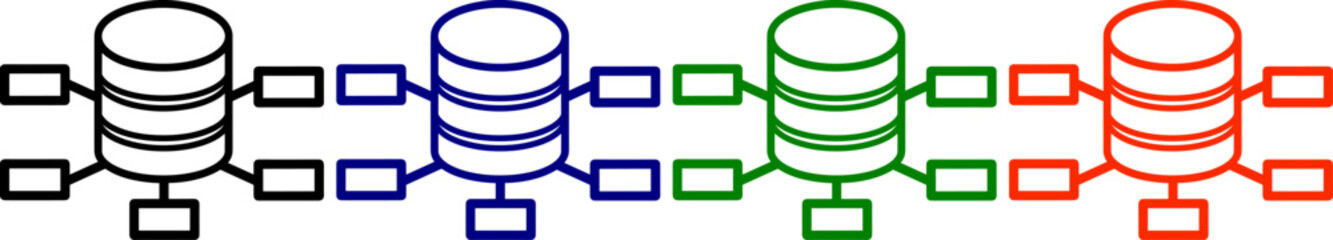 Fototapeta premium Set of four database icons in black blue green and red for network connection or data storage