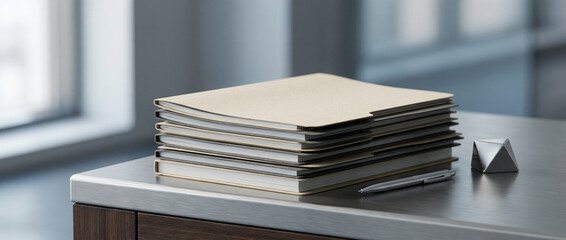 A neat stack of manila folders and bound reports rests on a sleek office desk, conveying organization, record keeping, administrative work and corporate paperwork in a contemporary workplace setting.