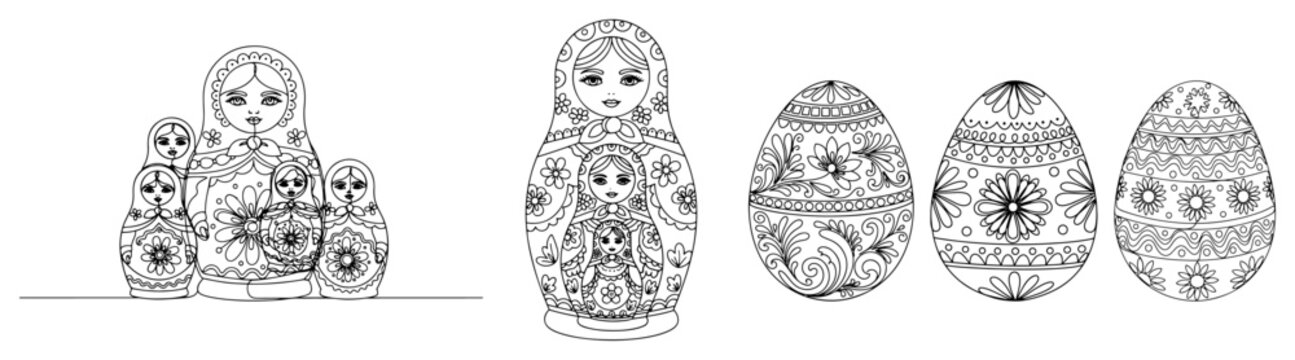 Line art collection of Russian matryoshka dolls and patterned Easter eggs