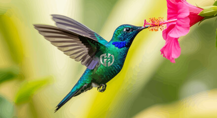 Obraz premium Beautiful iridescent hummingbird in flight feeding from a vivid pink tropical flower, delicate wings blurred, vibrant nature scene.