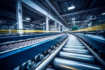 Naklejka premium Roller conveyor belts transport packages quickly through a modern industrial facility