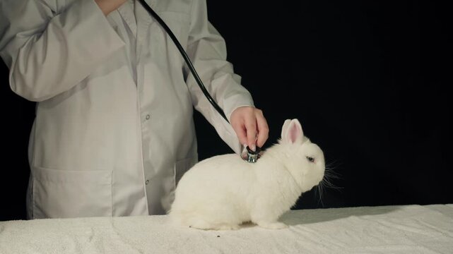 Clinic wellness exam by caucasian veterinarian in white medical coat. Fullbody view of white decorative rabbit on towel with stethoscope placed gently along spine. A trusted healthcare setting for pet