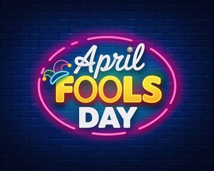 Obraz premium Vibrant Neon Sign for April Fools Day Featuring Jester Hat on Dark Blue Brick Wall Background for Nightlife Events and Social Media Promotion