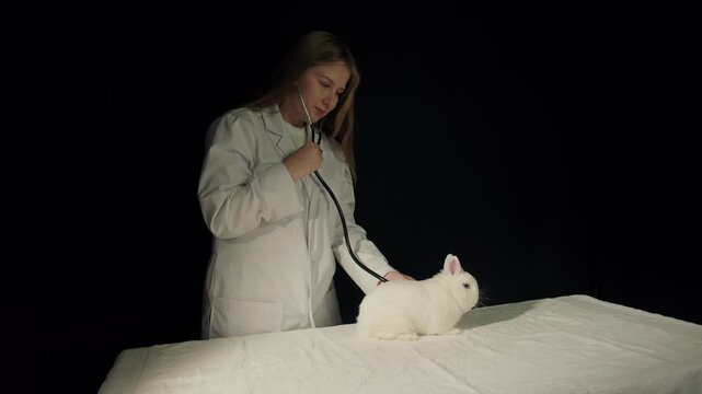 General plan of young caucasian female veterinarian that examines white rabbit in dramatic lowkey lighting on examination table with towel using stethoscope listening. People help animals and treat