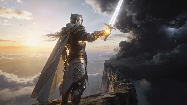 Watchful defender remains firm on brink wielding luminous sword at sunrise