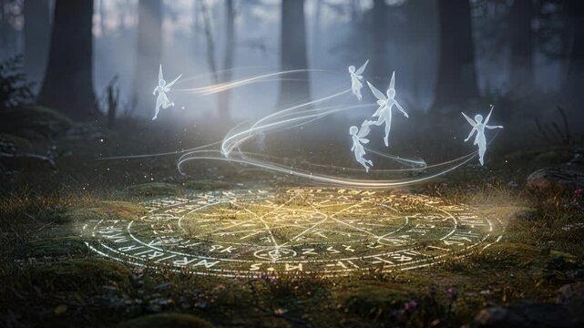 Bewitched beings dance and sparkle beneath fading light of sunset