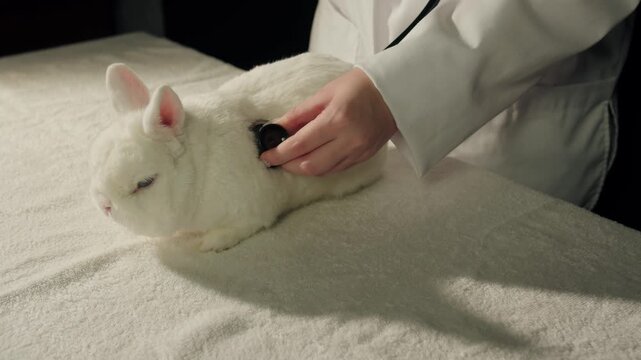 Woman in medical coat receiving veterinary checkup with stethoscope on soft fur of white rabbit on towelcovered table. Hands of veterinarian holding an instrument for listening to the heart in clinic