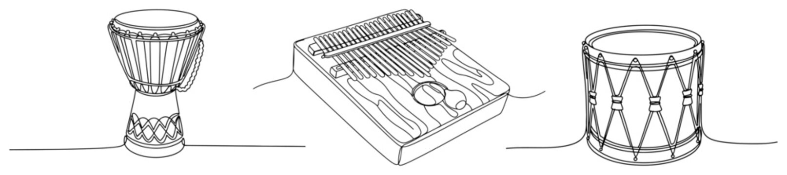 Traditional musical instruments set including djembe kalimba and hand drum in minimalist one line art style