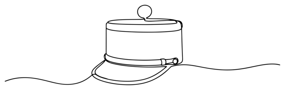 Minimalist continuous line drawing of a classic military kepi cap representing uniform headwear and authority