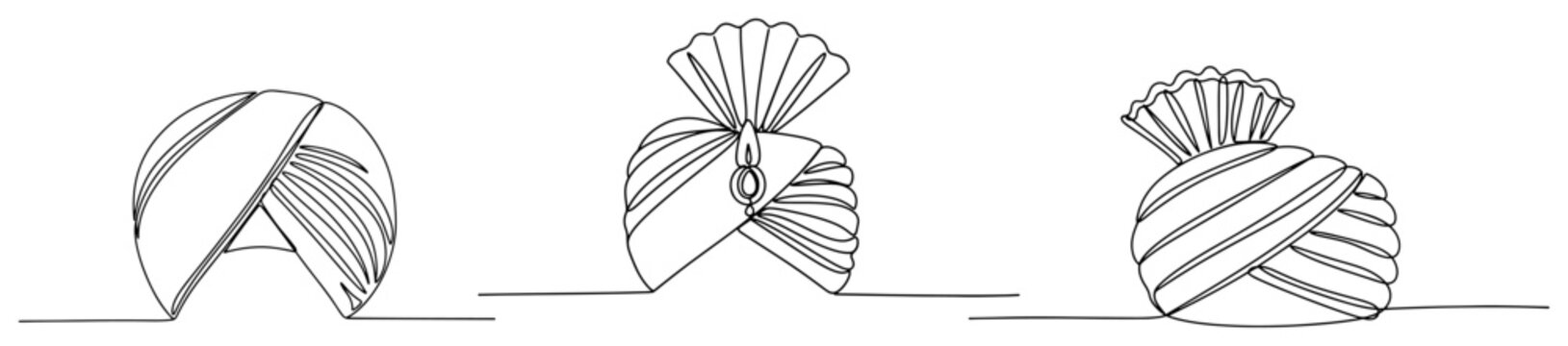 Continuous one line art collection of various traditional Indian turbans and pagri headwear styles