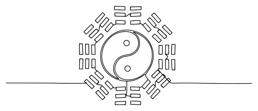 Continuous line drawing of the ancient Chinese Yin Yang symbol surrounded by eight traditional Bagua trigrams