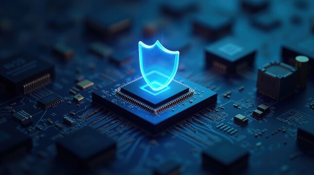 Microchip with illuminated shield icon on circuit board representing threat intelligence with endpoint security monitoring and protection. 
