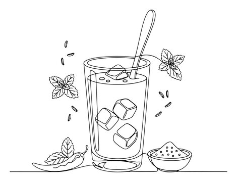 Minimalist continuous line art of a refreshing iced drink with mint chili and spices