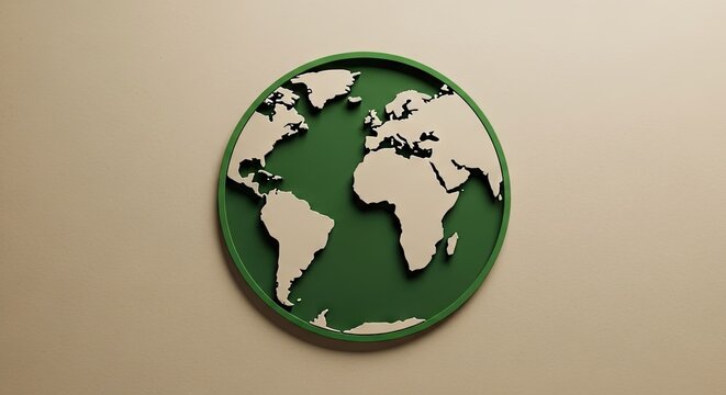 A green and white oval shaped relief map of the world on a beige background
