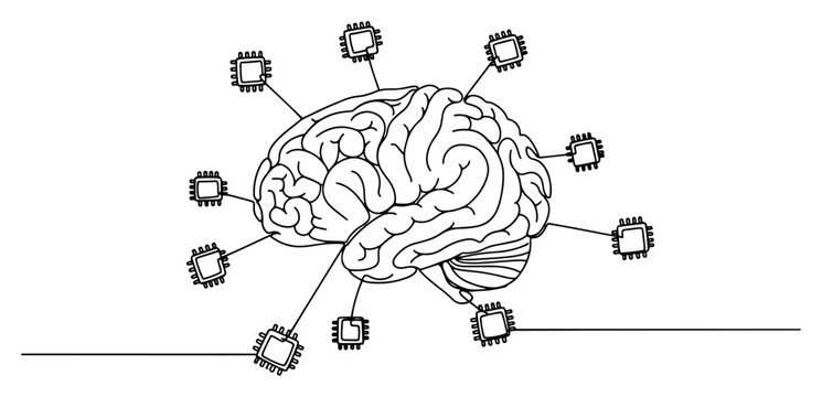 Human brain connected to computer microchips representing artificial intelligence in one line art style