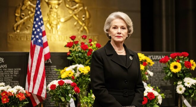 A solemn elderly woman in black mourning at a memorial service. Grieving widow paying respects with an American flag and flowers at a funeral