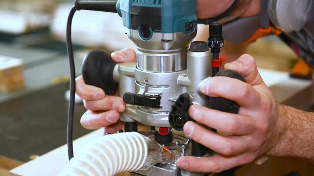 Woodwork workshop electric router tool shaping wooden plank with precision and care for detailed woodworking craftsmanship
