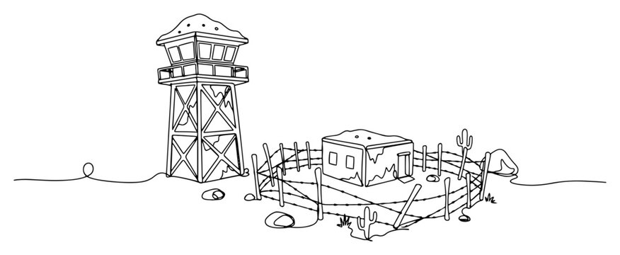 Desert military outpost with a watchtower and security fence drawn in minimalist continuous line art