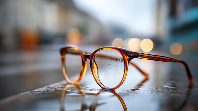 Close-up of stylish glasses resting on wet pavement reflecting city lights, urban lifestyle concept, fashion meets everyday moments, defocused street background, with copy space