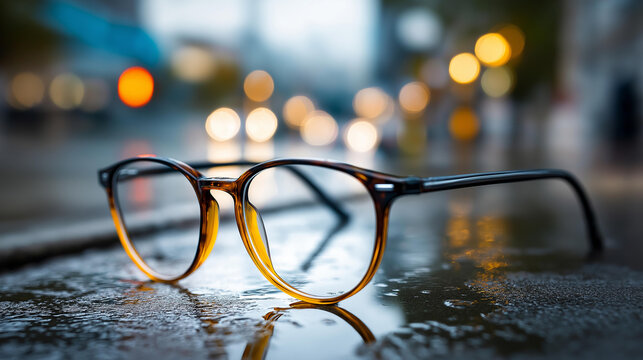 Close-up of stylish glasses resting on wet pavement reflecting city lights, urban lifestyle concept, fashion meets everyday moments, defocused street background, with copy space