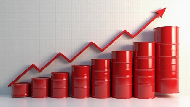 Rising Oil Price: Row of red oil drums set against a backdrop of an upward trending graph signifies the increasing price and demand of petroleum in the global market. 
