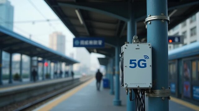 Medium shot of 5G smart pole at a transit hub showcasing antennas and edge compute units with blurred urban background for enhanced connectivity visuals. 