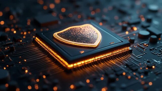 Microchip with illuminated shield icon on circuit board representing threat intelligence with endpoint security monitoring and protection. 
