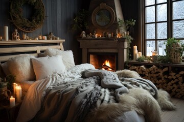 Fototapeta premium Warm inviting bedroom featuring a bed, lit fireplace, and snowy landscape outside window