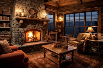 Fototapeta premium Rustic mountain cabin interior featuring a warm stone fireplace and comfortable armchairs with scenic views