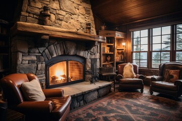 Fototapeta premium Warm fireplace burning in rustic living room with leather chairs and wood paneling