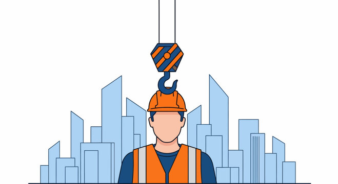 A construction worker wearing an orange vest and hard hat stands under a crane hook in a cityscape.
