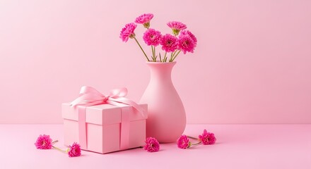 Obraz premium Pink flowers in vase with gift box on pink background
