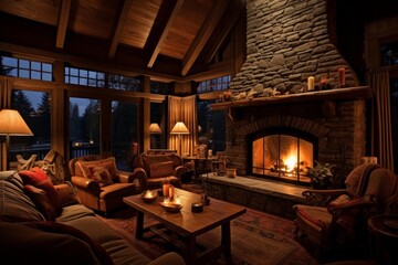 Fototapeta premium Cozy, rustic living room featuring a stone fireplace and warm lighting