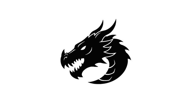 Stylized black silhouette of a dragon head in profile view, featuring sharp horns, pointed teeth, and a jagged crest, isolated on a plain white background for logo or stencil design.