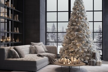 Fototapeta premium Warm holiday interior with a festive christmas tree, candles, and gifts creating a cozy winter atmosphere