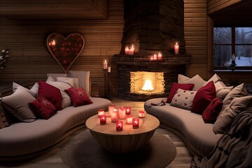 Fototapeta premium Warm living room with fireplace, candles, and heart decorations creating a romantic atmosphere