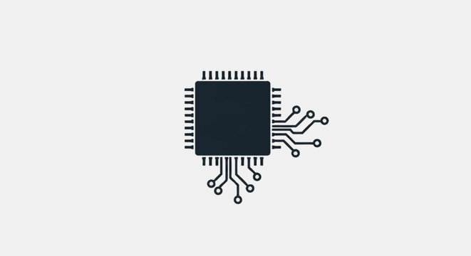 Minimalist black silhouette of a computer processor microchip with integrated circuit lines and connection nodes, isolated on a textured light grey background for tech design.