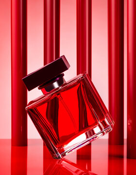 Bold red perfume bottle with dramatic glossy columns