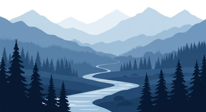 Monochromatic blue vector landscape illustration featuring a winding river flowing through a valley with pine tree forests and layered mountain ranges in a minimalist flat style.