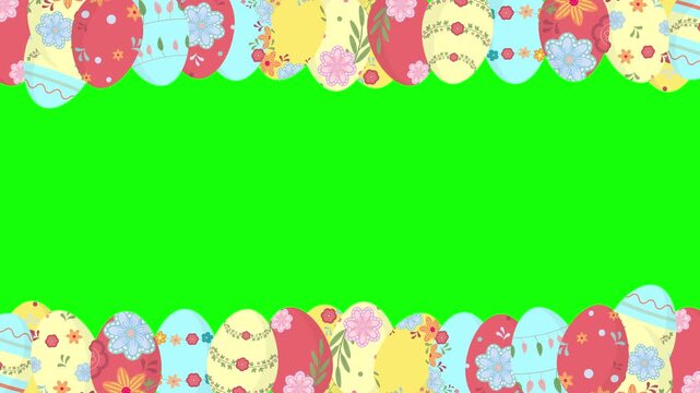 Animated pastel Easter eggs Floral patterns appearing from top bottom to form frame Green screen chroma key background Spring composition Copy space for text design Seasonal overlays holiday videos