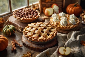 Fototapeta premium Still life of fall desserts: three pies with lattice crusts, whipped cream, and seasonal accents