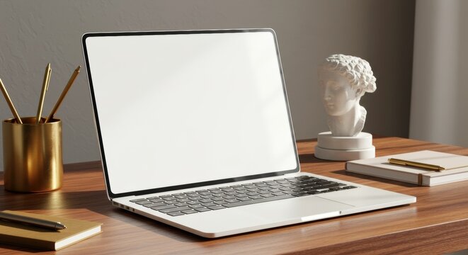 木製デスク上の空白画面ノートパソコンモックアップ。古典的な胸像と文房具のあるワークスペース。コピースペース