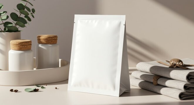 白い無地のスタンドアップパウチモックアップ。自然素材と植物に囲まれた製品パッケージのコピースペース。オーガニック食品や化粧品向け